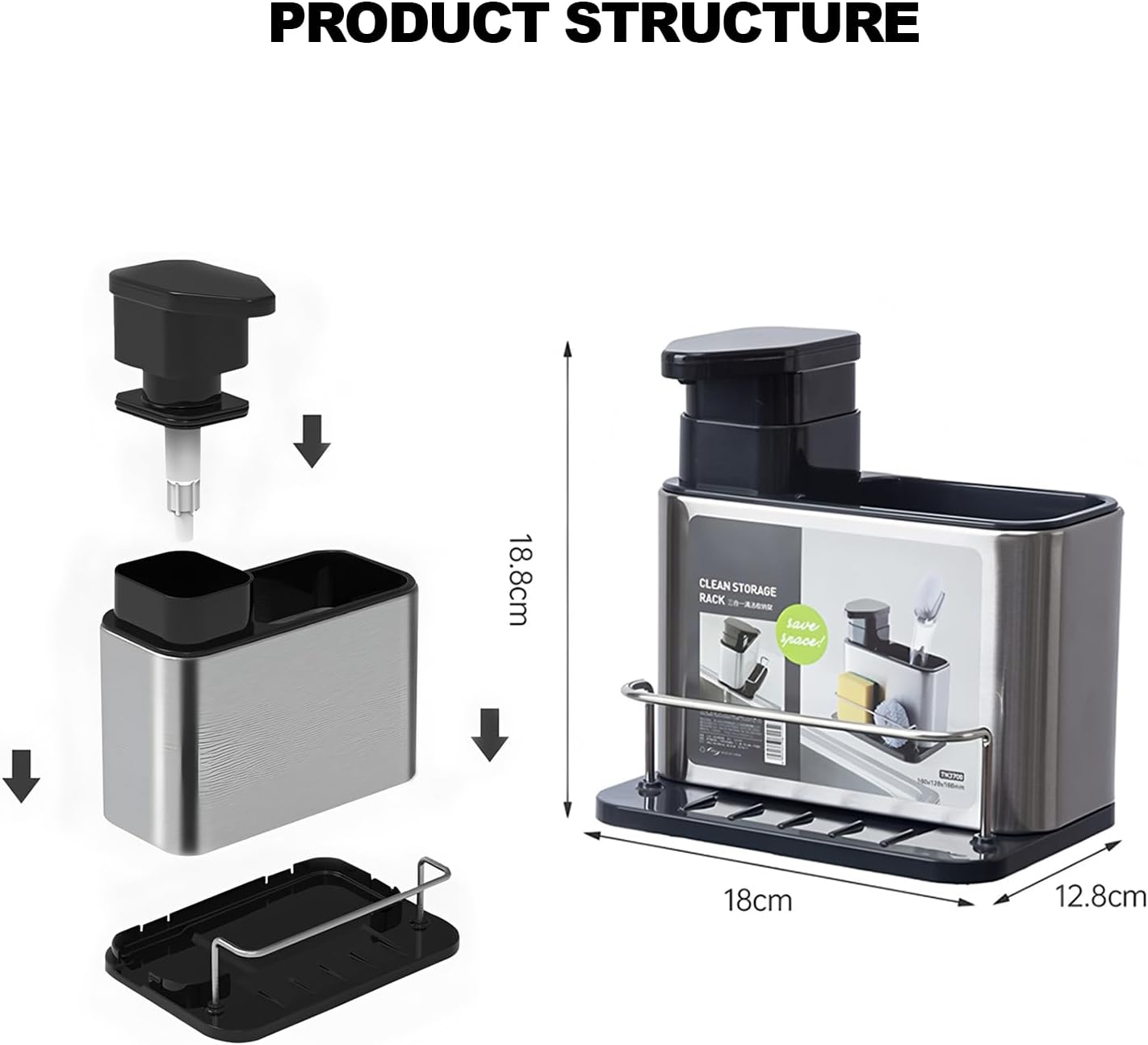 AIMANWEI 3-In-1 Hand and Dish Soap Dispenser Set for Kitchen,340Ml Stainless Stee Kitchen Soap Dispenser,Sink Caddy Sponge Holder Rack Shelf, for Hand Sanitizer, Bathroom Shower