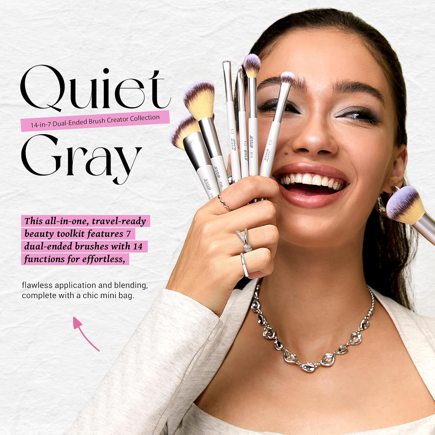 Jessup Makeup Brushes Set 7Pcs Dual Ended Makeup Brush Premium Synthetic Foundation Contour Blush Highlight Blending Eyebrow Eyeshadow Shader Concealer Brush with Bag, Quiet Gray T520 image number 6
