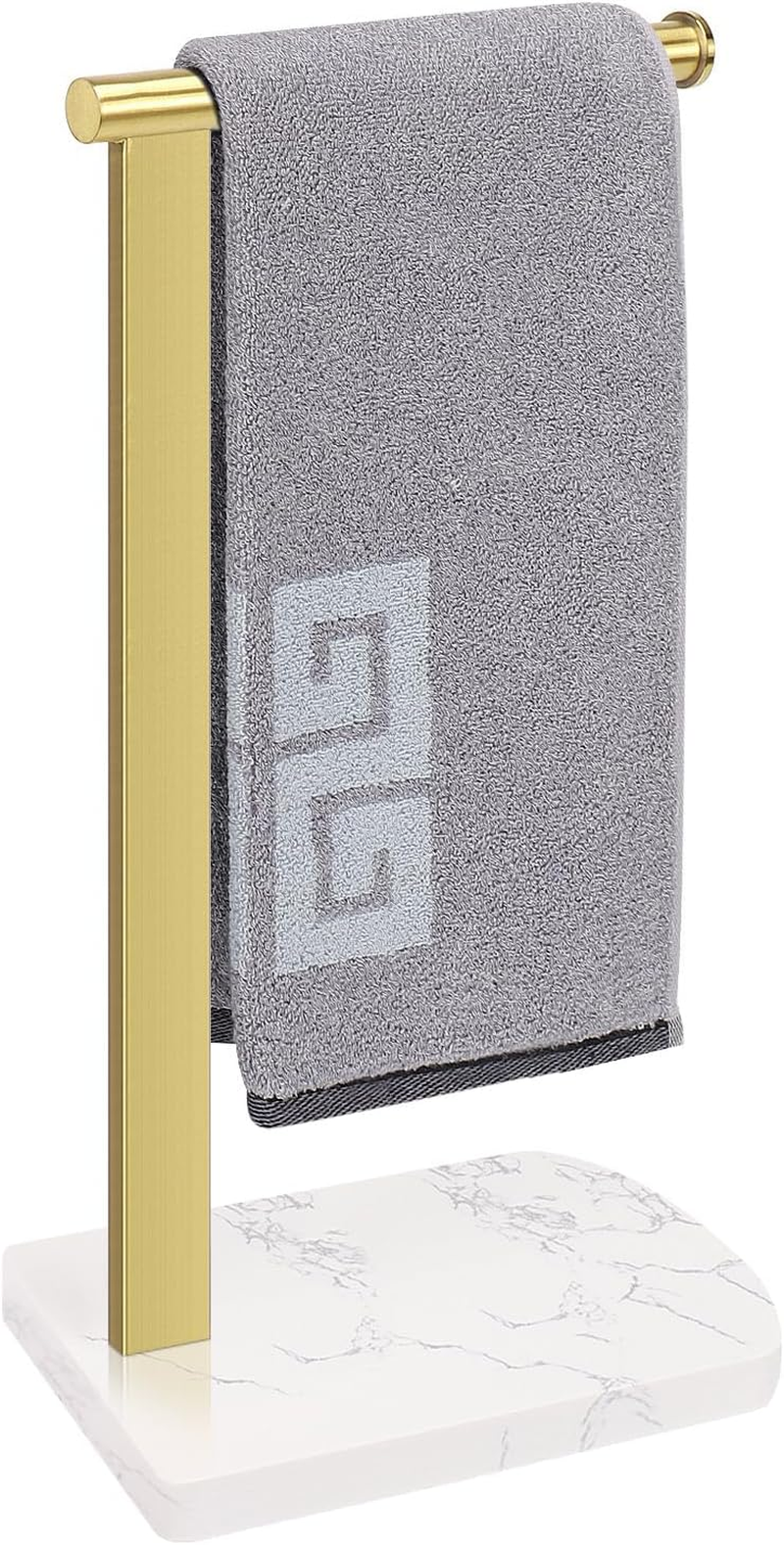 Nearmoon Hand Towel Holder with Balanced Marble Base, SUS304 Stainless Steel Stand Towel Ring L Shape Hand Towel Rack Free-Standing Towel Bar for Bathroom Kitchen Countertop(Double Rod Brushed Nickel)