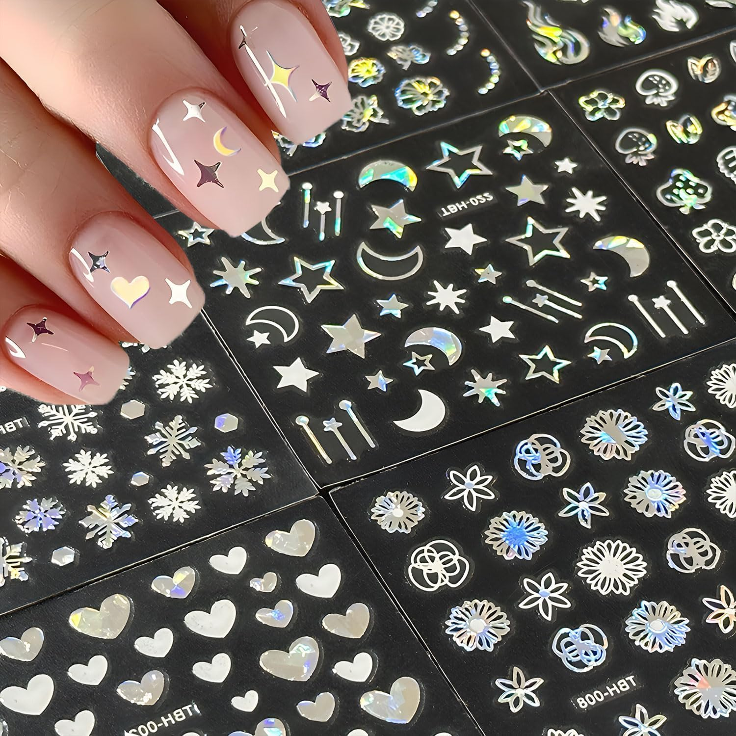 30 Sheets Namrec Aurora 3D Nail Art Stickers - Self-Adhesive Star Moon Flower Decals for DIY Acrylic Nails, Safe for Pregnant Women & Kids (Aurora) image number 1