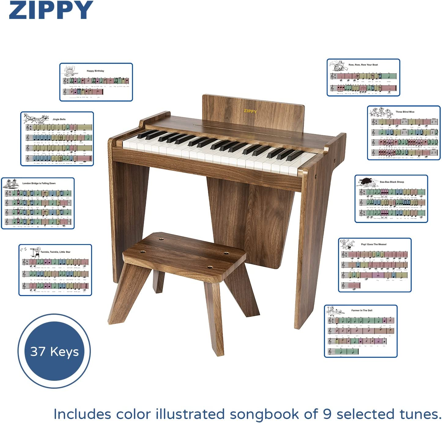 ZIPPY Kids Piano Keyboard, 37 Keys Digital Piano for Kids, Music Educational Instrument Toy, Wood Piano for 3+ Girls and Boys (Walnut Basic) - Oak Basic image number 2
