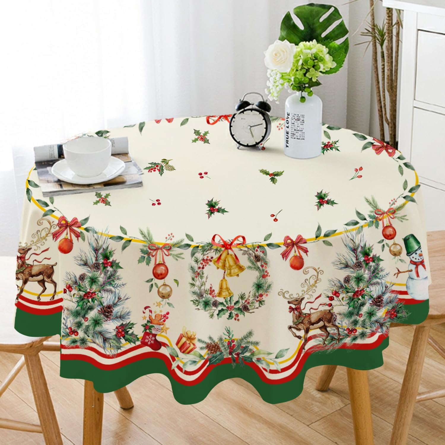 Yighty round Christmas Tablecloth 60 X 60In,Christmas Tree Elk Holiday Decoration Table Cloth,Polyester Waterproof and Wrinkle-Resistant Durable Christmas Tablecloth for Kitchen,Winter and Home Decor image number 6