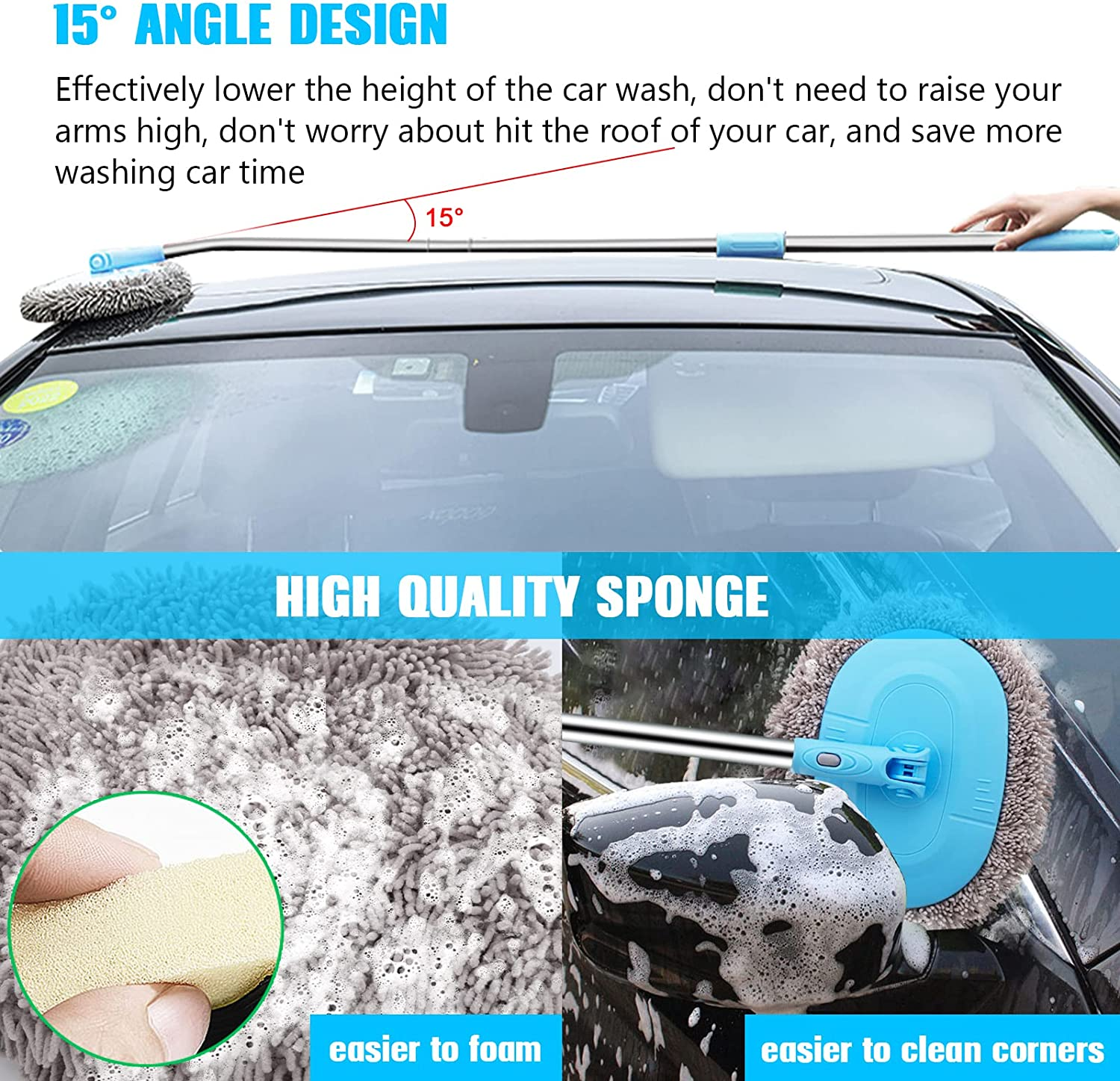 Beedove 64'' Car Wash Brush Mop Kit, 180&deg; Rotatable Microfiber Car Cleaning Kit with Long Handle, Chenille Car Wash Mop Cleaning Tool Kit for Clean RV SUV Truck Household image number 5