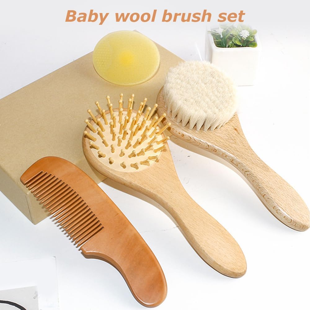 4 Pcs Infant Hair Brush,Wood Baby Cradle Cap Comb,Yellow Silicone Brush,Baby Hair Brush,Wool Brush Set,Cradle Cap Brush,For Newborns and Toddlers image number 3