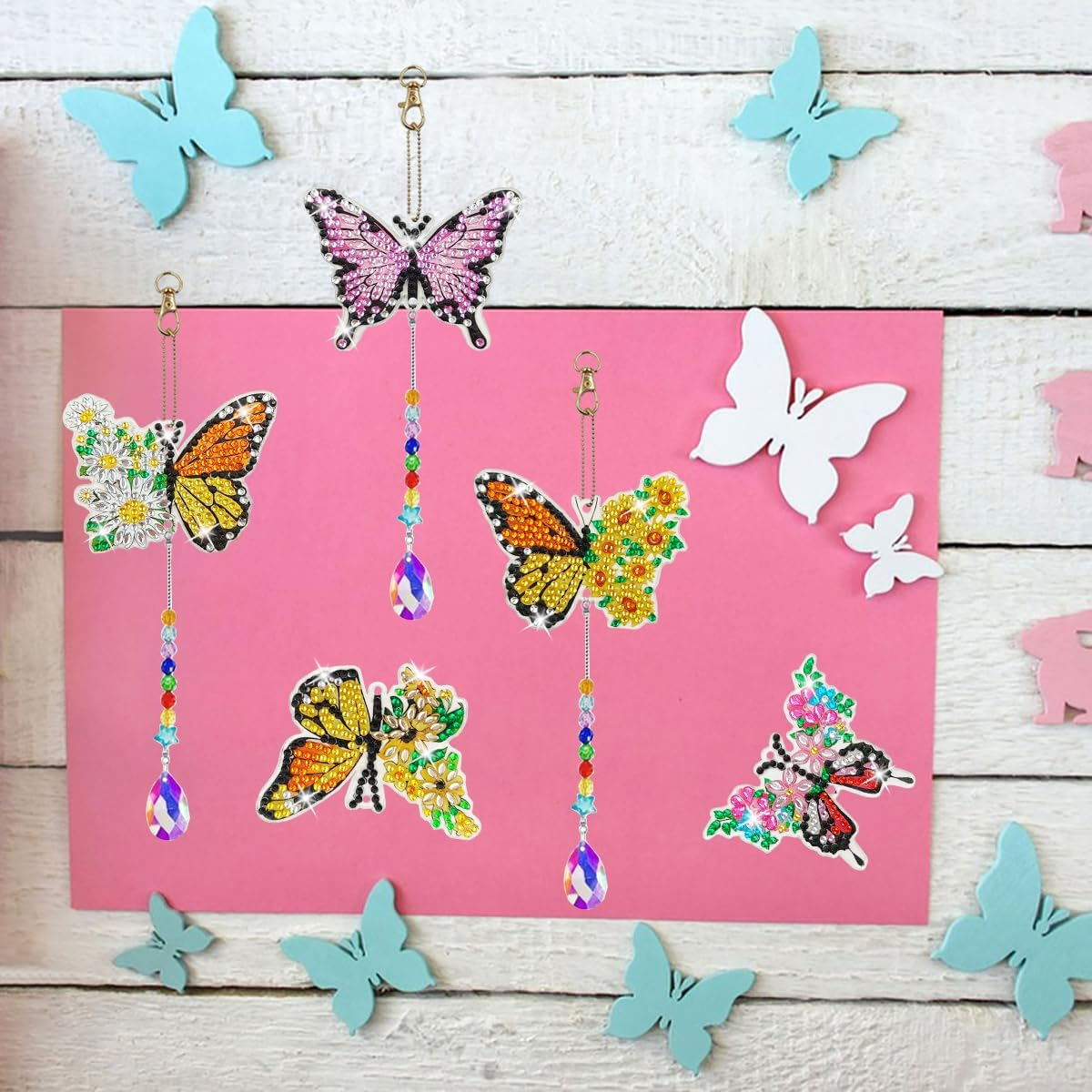 10 Set Butterfly Diamond Art Painting Wind Chimes, Finegood 5D Diamond Art Crystal Suncatcher Kits Double Sided Hanging Sun Catchers for Windows Garden Home Decor image number 6