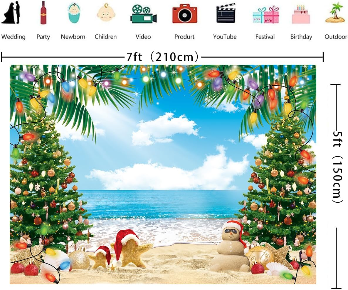 July Christmas Backdrop 7X5Ft Summer Beach Christmas Tree Decoration Photography Background Tropical Hawaiian Party Supplies Photo Props image number 1