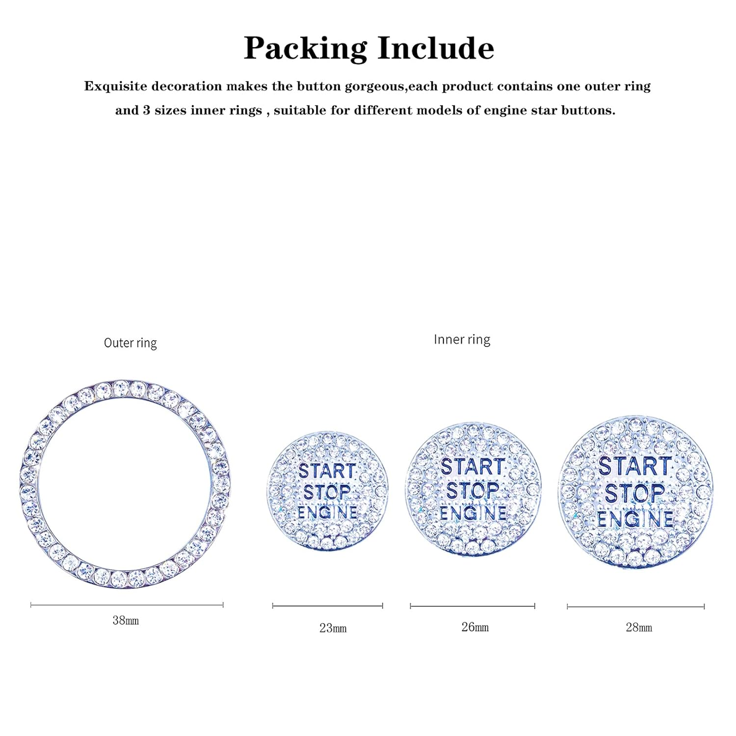 Engine Start Stop Button Bling Ring Cover,Key Ignition Starter & Knob Ring Crystal Rhinestone Cover, Push Start Button Cover Diamond Decor, Car Emblem Badge Sticker Women (Ring+Cover, Silver) image number 5