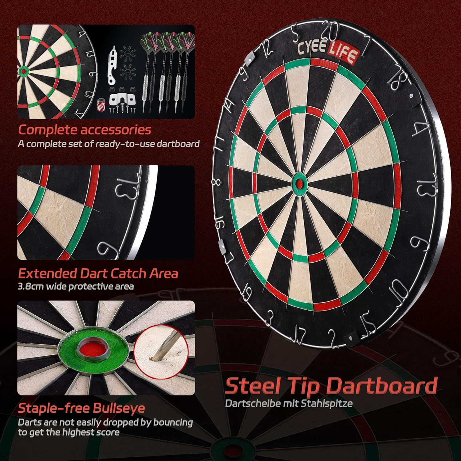 Cyeelife Wire Sisal Bristle Dartboard,Professional Steel Tip Dartboard Set with 6Pcs Metal Tip Darts and Accessories