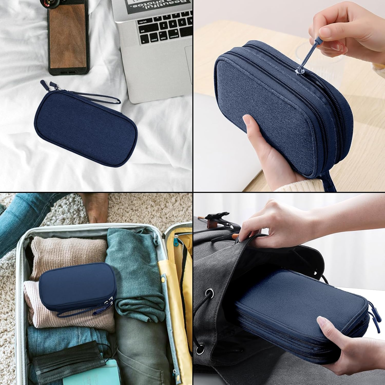 Beownest Travel Electronic Organizer Bag 21X14X5Cm, 2-Layer Waterproof Tech Organizer with USB Ports & Cable Management for Power Bank, Laptop Adapter, Phone, Earbuds (Navy)