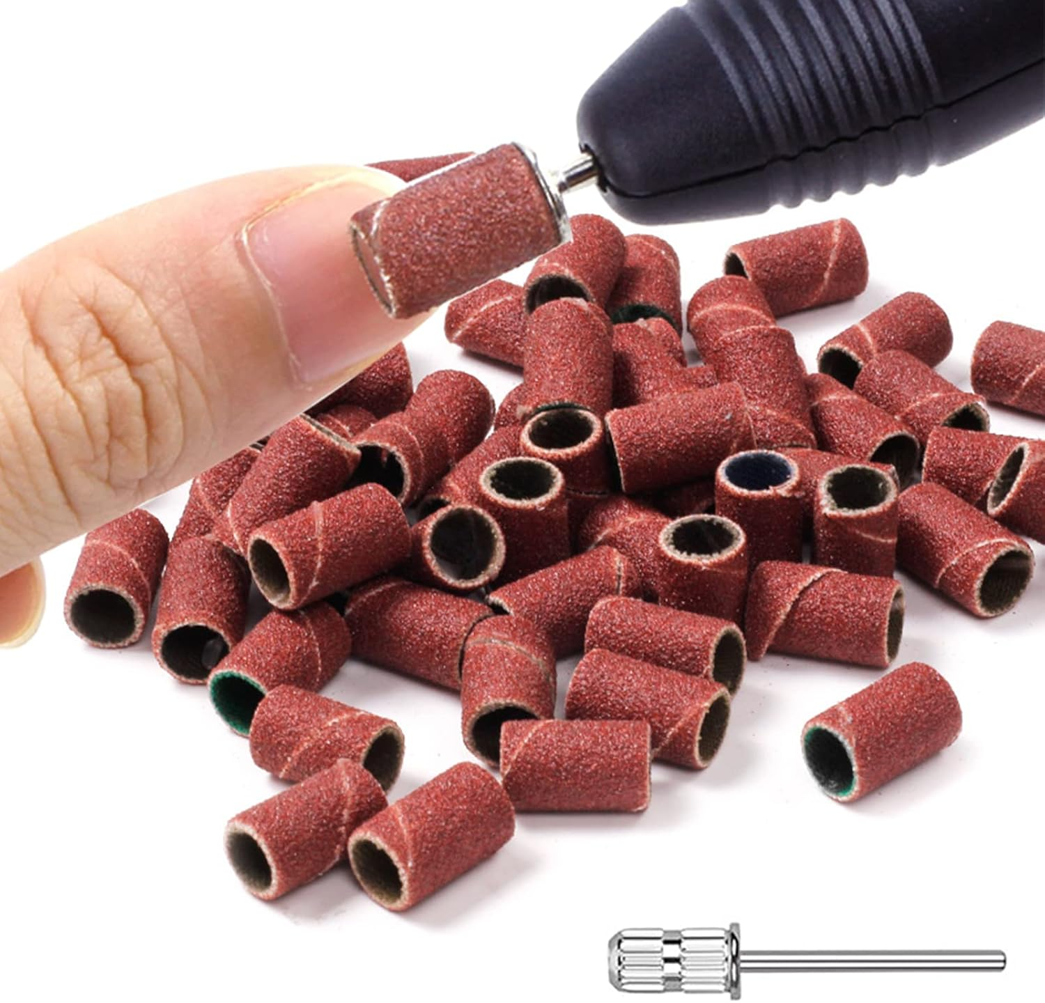 Luoshapucy Sanding Sleeves Sanding Belts Nail Cutter Grinding Caps Nail Cutter 100 Pieces Sanding Sleeves with Nail Drill 180 Inches for Manicure Pedicure Nail Design Nail Art (With 2 X Nail Drills) image number 1