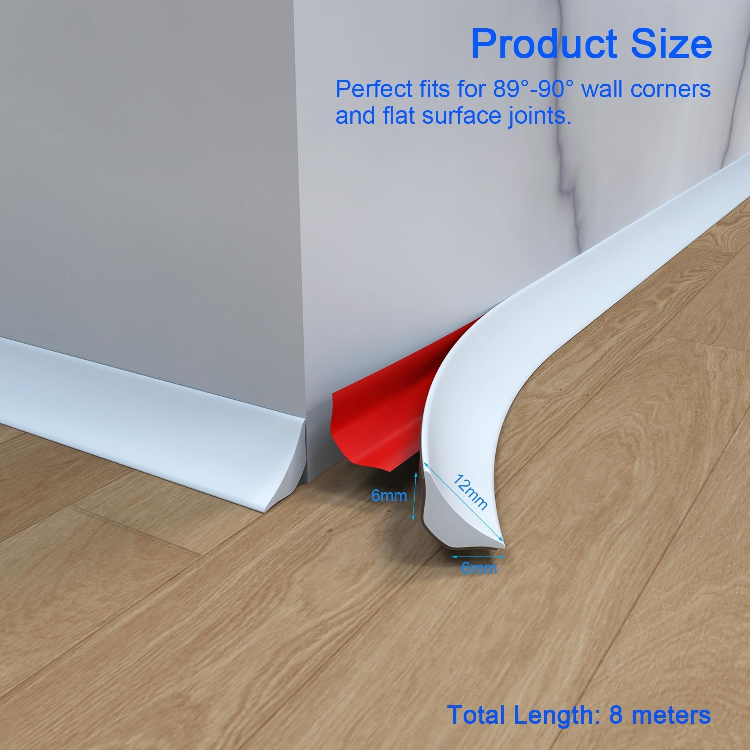 8 Metres PVC Corner Trim, Flexible Self Adhesive Floor Edge Trim, Peel and Stick Wall Moulding Trim, Quarter round Molding Trim, Skirting Board Edging Trim for Floor, Tile, Kitchen (12X9 Mm, White) image number 1