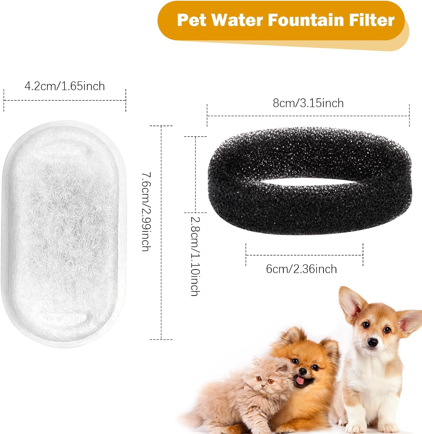 MXTIMWAN Drinking Fountain Cat Replacement Filter, Drinking Fountain Filter, Cat Fountain 8 Pieces Carbon Filter and 8 Pieces Foam Filter, Filter Cat Fountain for 3.2 L Stainless Steel Cat Fountain image number 3