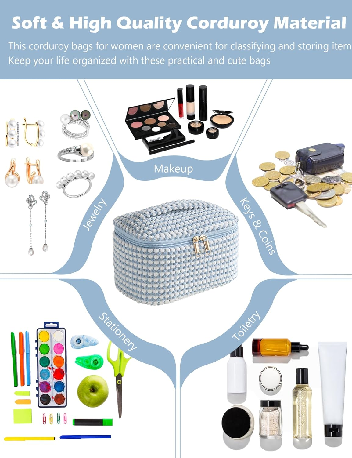 Makeup Bag Corduroy Cosmetic Bag,Cute Makeup Pouch,Travel Toiletry Make up Brush Storage Bag,Travel Essenitial for Women,Portable Makeup Bag - 4 Pcs-Pink 01 image number 2