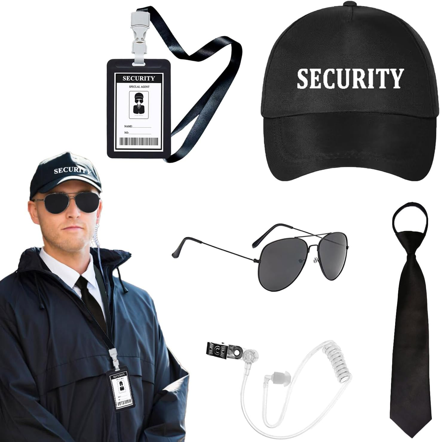 5Pcs Agent Costume Set Secret Security Service Outfit Accessory Kit Includes Adjustable Hat Pretied Zipper Tie Black Sunglasses Earpiece and ID Card for Teens Adults Cosplay Game Halloween Party Gear image number 2