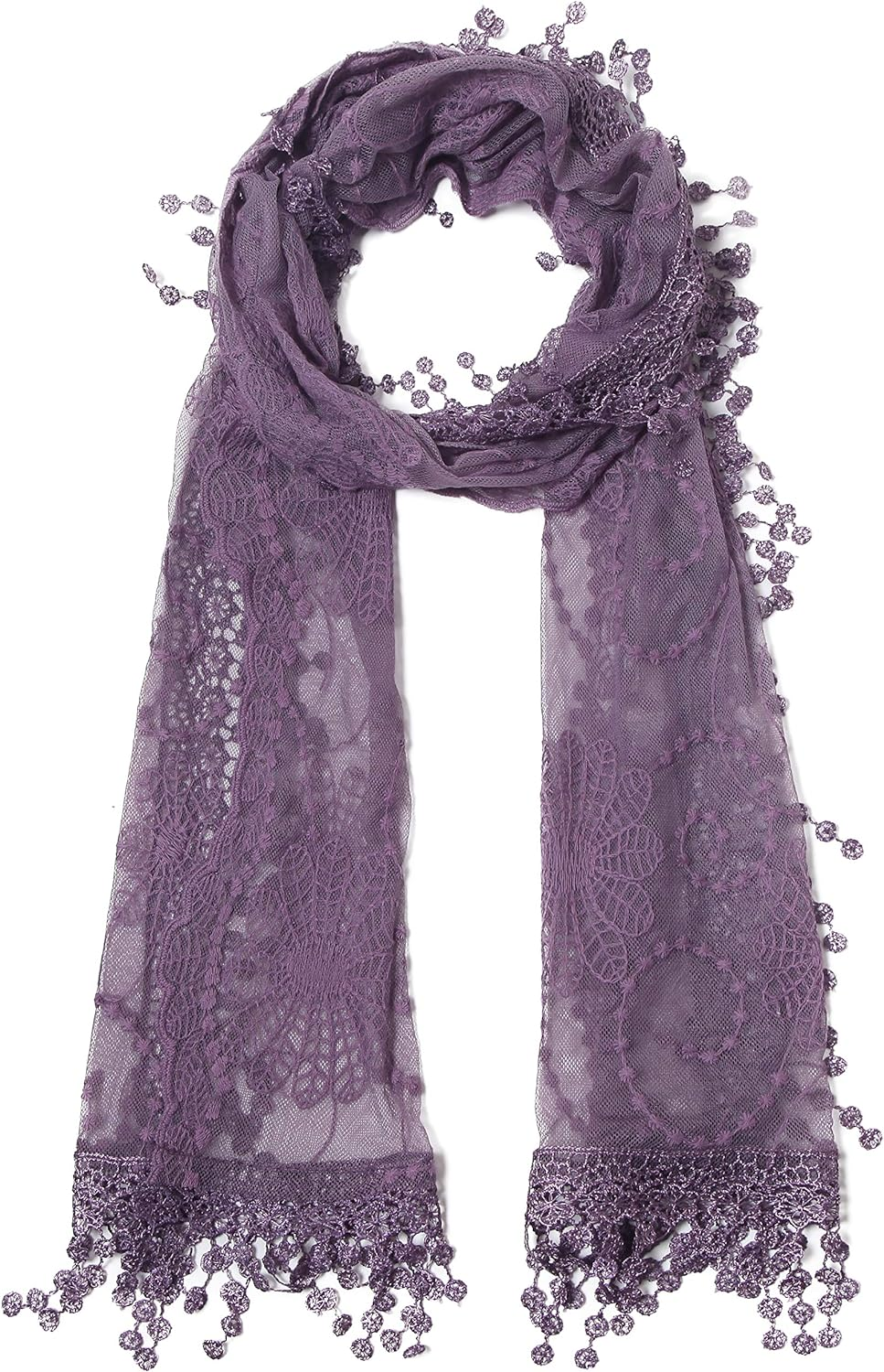 Women'S Lightweight Feminine Lace Teardrop Fringe Lace Scarf Vintage Scarf Mesh Crochet Tassel Cotton Scarf for Women - American Purple With Fringes image number 7