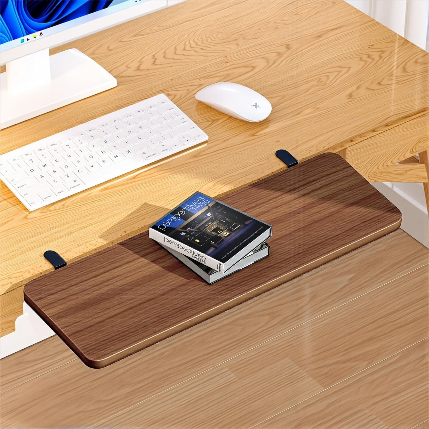 Uandhome Desk Extension,Ergonomic Desk Extension, Foldable Table Extensions,Black Keyboard Tray, Sturdy Computer Desk Extensiones, Keyboard, Elbow Armrest Support for Home, Office (White)