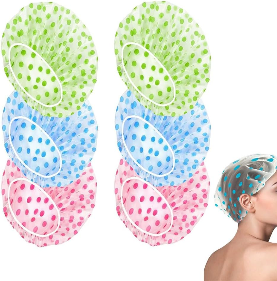 6PCS Waterproof Shower Caps for Women and Men, Reusable Adjustable Hair Bath Caps for Spa, Baby Care, Face Washing, Kitchen, Polka Dot Design image number 6
