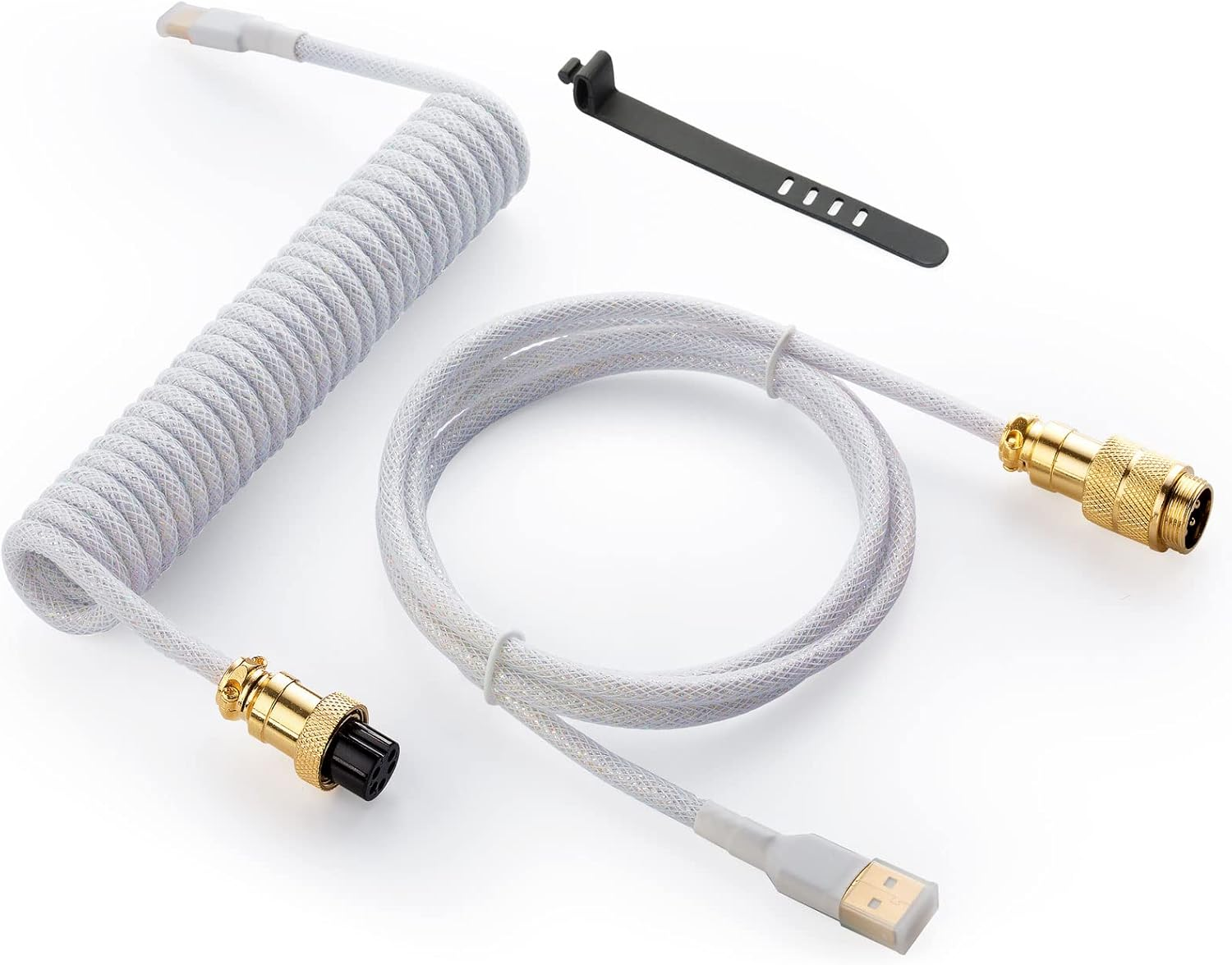 GUNMJO Starlight Coiled USB C Cable for Gaming Keyboard, Double-Sleeved Mechanical Keyboard Cable with Detachable Metal Aviator, 1.5M USB-C to USB-A, Black Color with Gold Aviator Connector