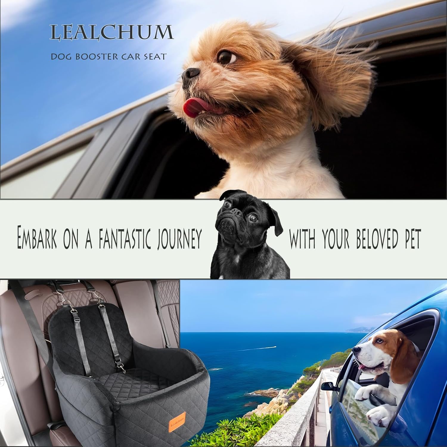 Lealchum Dog Booster Car Seat for Small/Medium Dogs up to 35Lbs,Elevated Cushion Fits in Front/Back Seat,Fully Detachable and Washable,2 Storage Pockets & Dog Leashes,Easy to Install(Black,Medium)
