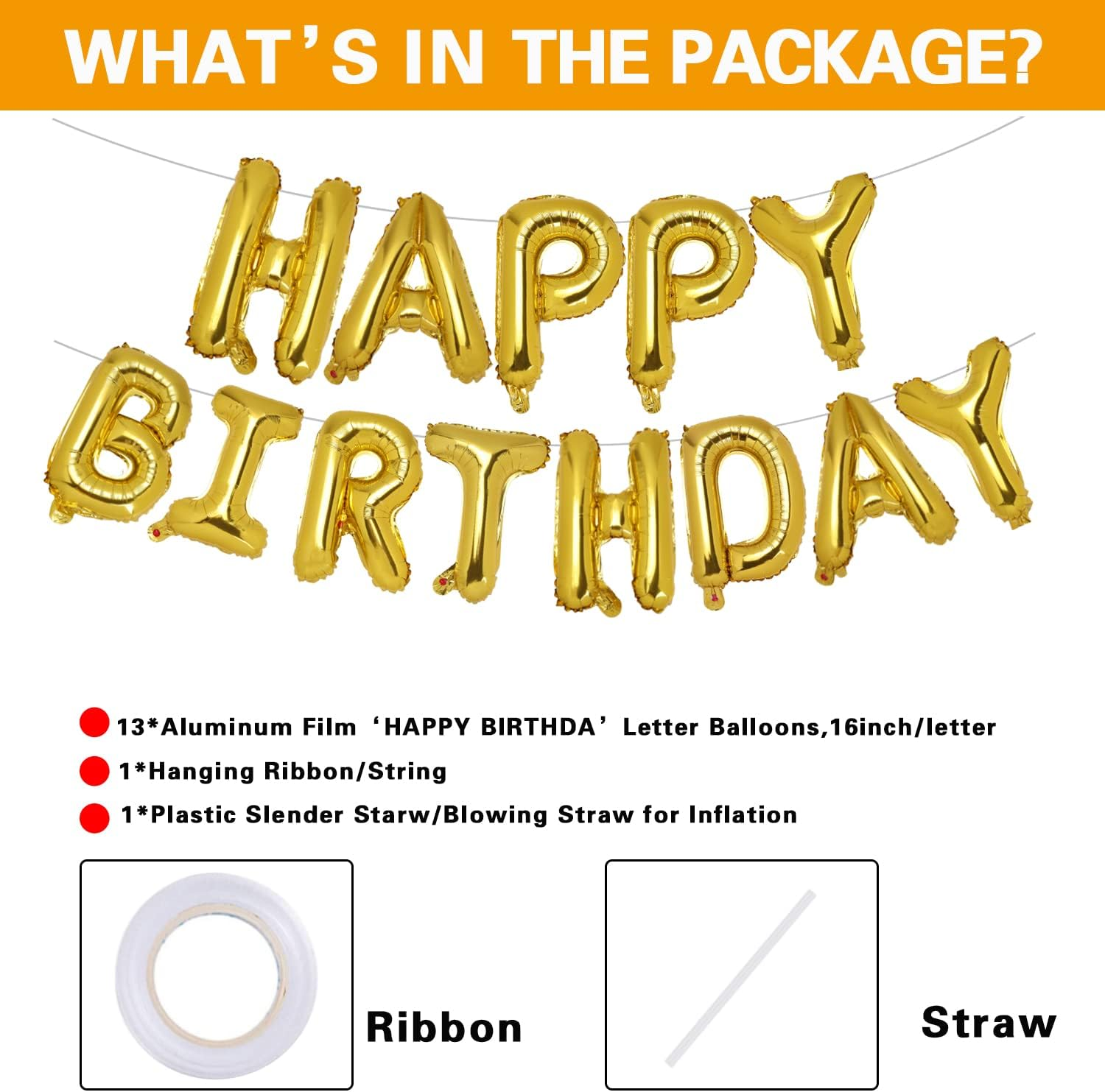 ACCEVO Happy Birthday Balloons Banner,16 Inch Aluminum Foil Letters, Birthday Party Decorations Happy Birthday Banner Party Decorations for Women Men Boys Girls Kids Gold Birthday Decorations Backdrop