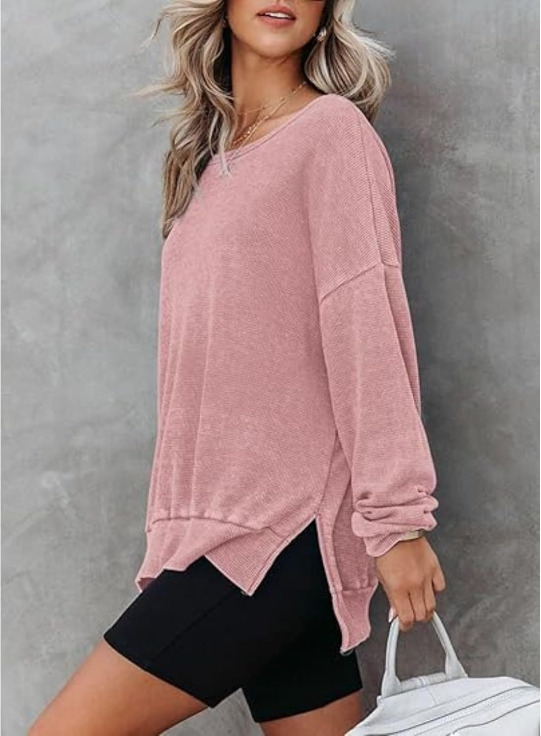 Waffle Knit Tops for Women Long Sleeve Shirts Side Slits Oversized Sweater Pullover Oversized Crewneck Sweatshirts image number 3