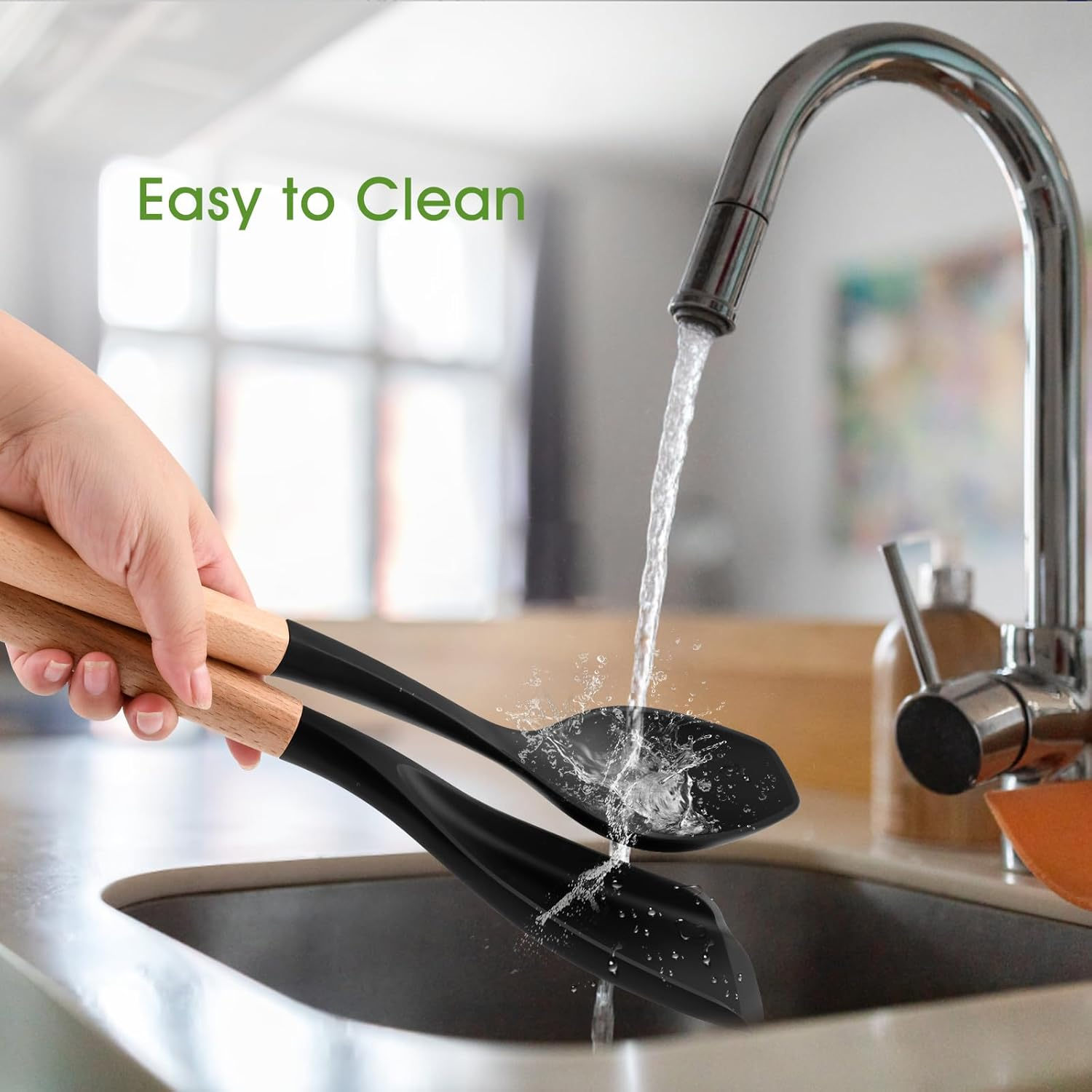 Lorisarm Large Cooking Spoons for Serving. 11.2" Nonstick Silicone Spoonula with Wooden Handle, Heat Resistant Rubber Serving Spoon for Baking,Scooping and Scraping. image number 1