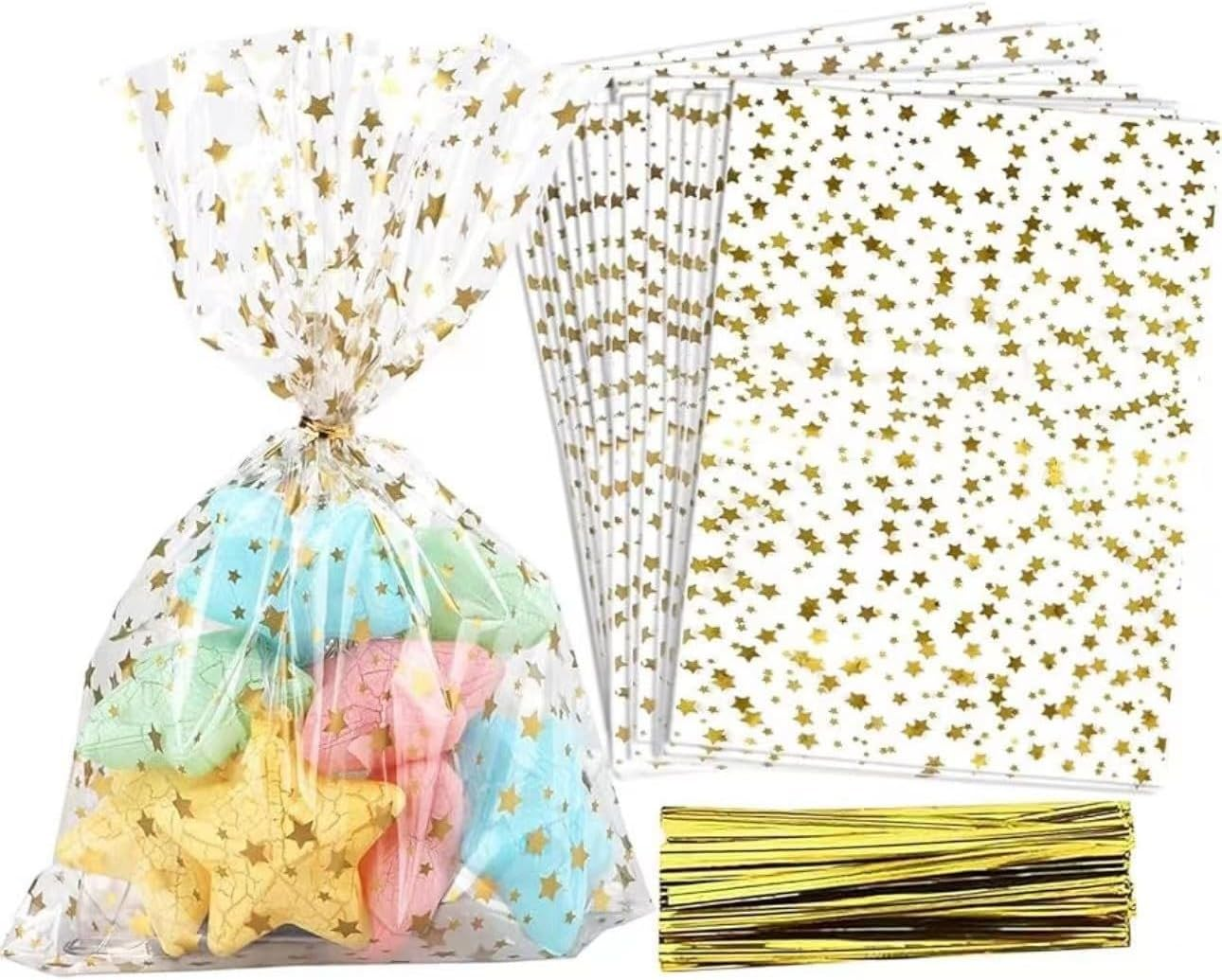 SYTHAK Cellophane Treat Bags,100 PCS Star Candy Bags with Twist Ties,Goodie Gift Wrap Cookie Cello Bag for Valentine, Birthday,Christmas,Baby Shower, Wedding Party Favor Supplies (Gold)