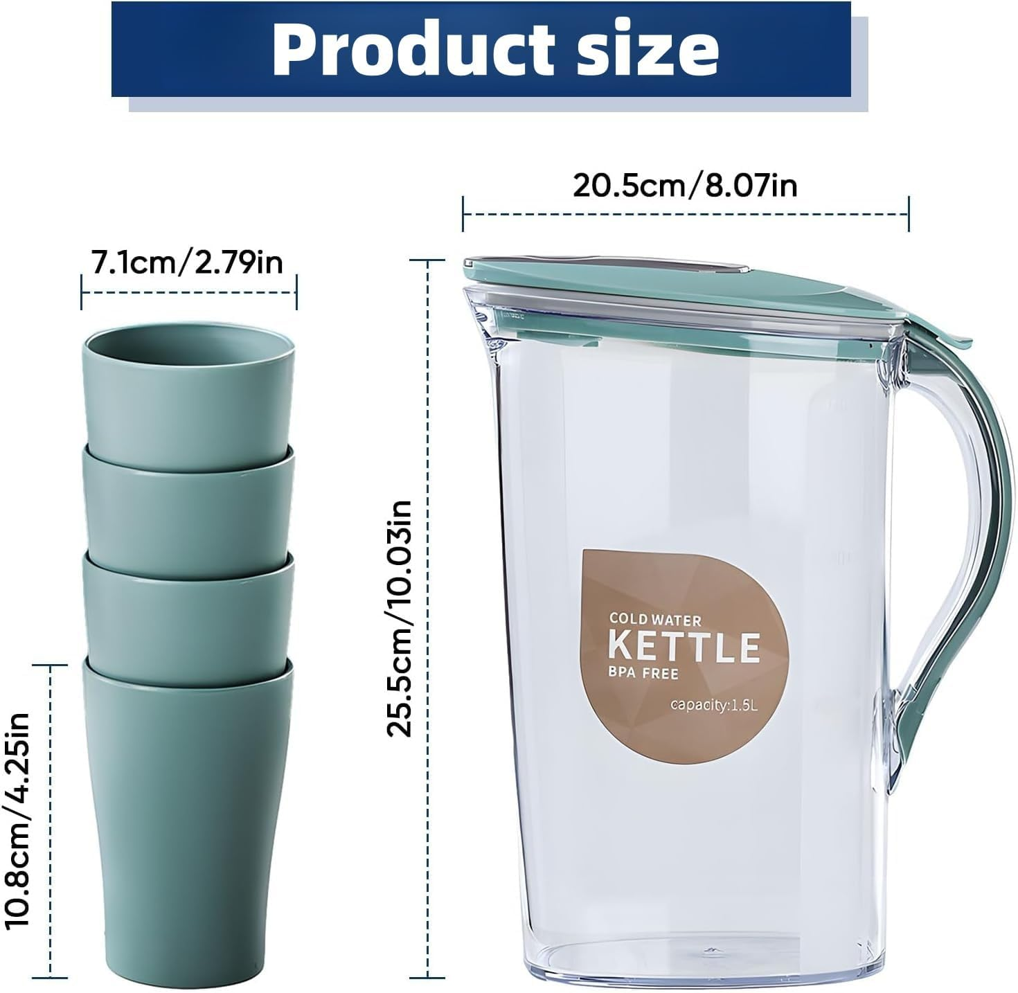 Water Jug Set &ndash; 2.1L/70Oz Bpa-Free Fridge Pitcher Set with 4 Cups & Cleaning Brush | Slim Space-Saving Jug for Juice, Cold Drinks, Tea & Milk