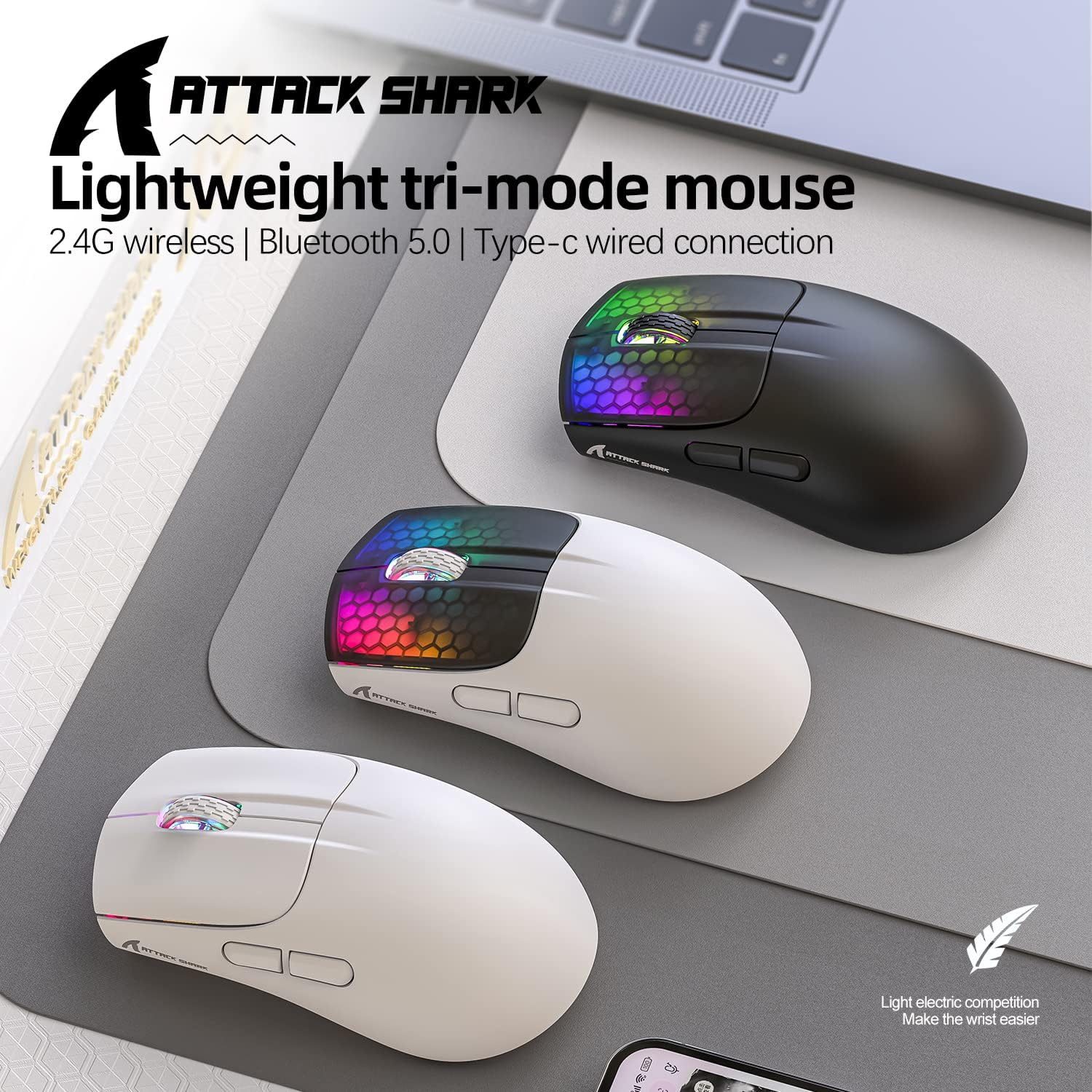 ATTACK SHARK X5 Wireless Gaming Mouse with Tri-Modes BT 5.1/2.4Ghz/Usb-C,Lightweight 49G,Paw3212 Optical Sensor,Rechargeable Battery,Rgb LED Computer Mouse for Pc/Tablet/Desktop/Office/Games-Black