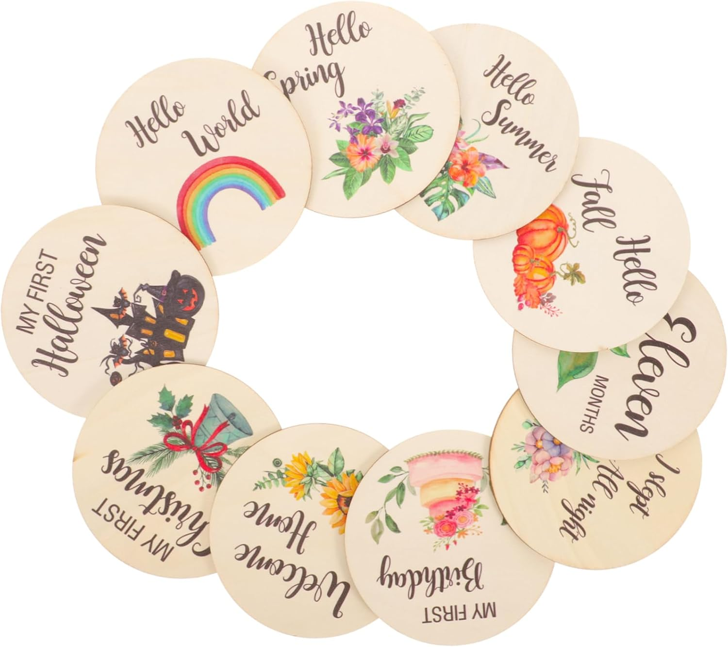 ERINGOGO 1Set Cards Wooden Monthly Growth Signs for Newborn Photo Props Age Discs for Shower Nursery Decor Beautiful Designs to Capture Memories image number 4