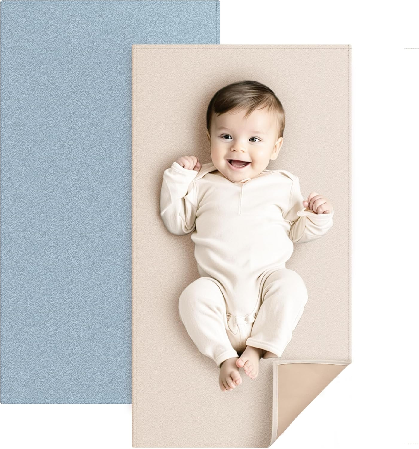 Konssy Faux Leather Baby Changing Mat 2 Pack, Waterproof, Wipeable & Portable Diaper Changing Pad for Travel or Home, Foldable Mat Fits Perfectly in Diaper Bag, 30 X 17 Inches (Brown,Beige)