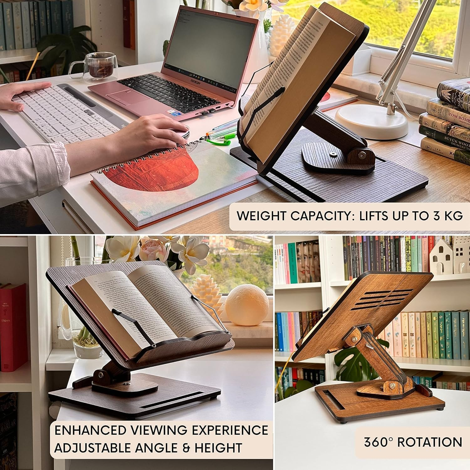 Vigo Wood Book Stand for Reading 360&deg; Adjustable, Wooden Laptop Stand, Cookbooks Holder, Music Scores, Featuring Multi-Height Angles and Foldable Design with Page Clips. image number 6