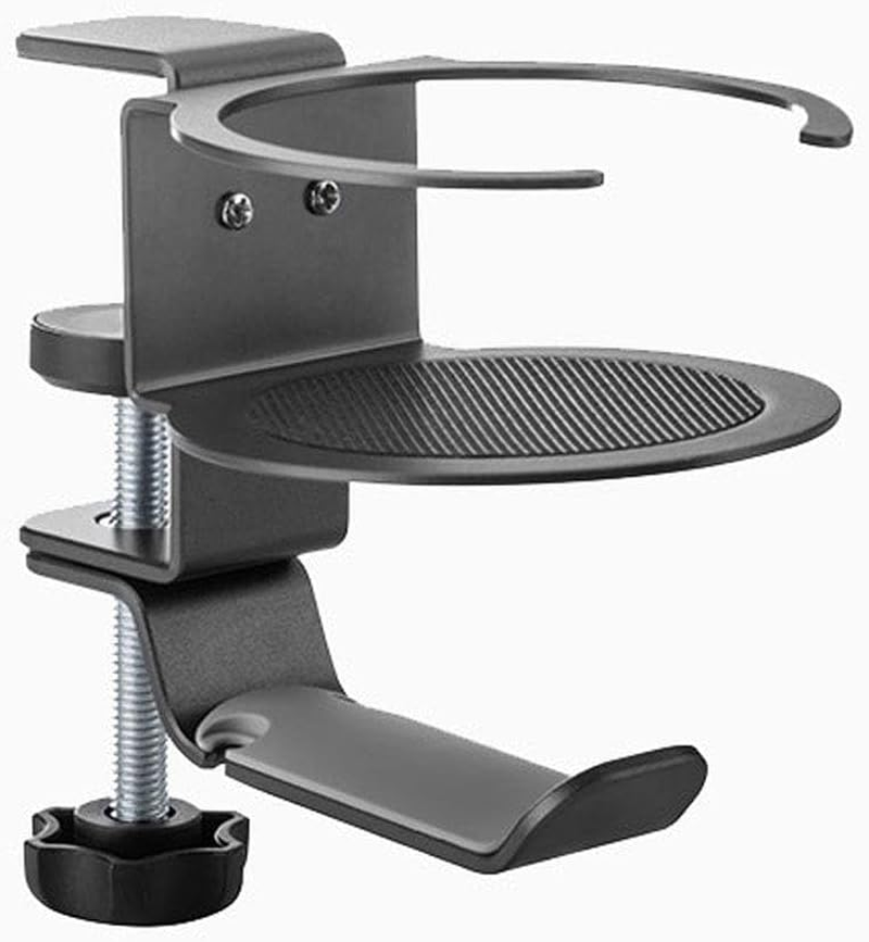 Desky Desk Drink & Headphone Holder &ndash; Clamp-On Dual Cup Holder with Headset Hanger, under Desk Mount, Space-Saving Steel Organizer for Gaming & Office Setup - Space Grey