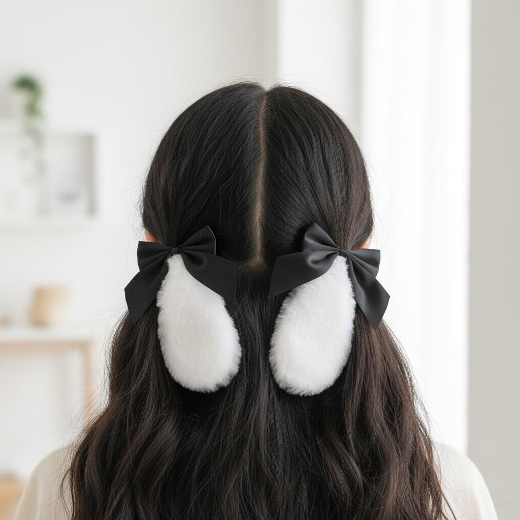 1 Pair Girls Bunny Plush Lop Ears Hair Clip Rabbit Furry Ears Ribbon Bow-Knot Hair Hairpin Cosplay Headwear Easy to Wear Ornaments,And Accessories Clips and Barrettes Accessories (Black) image number 1