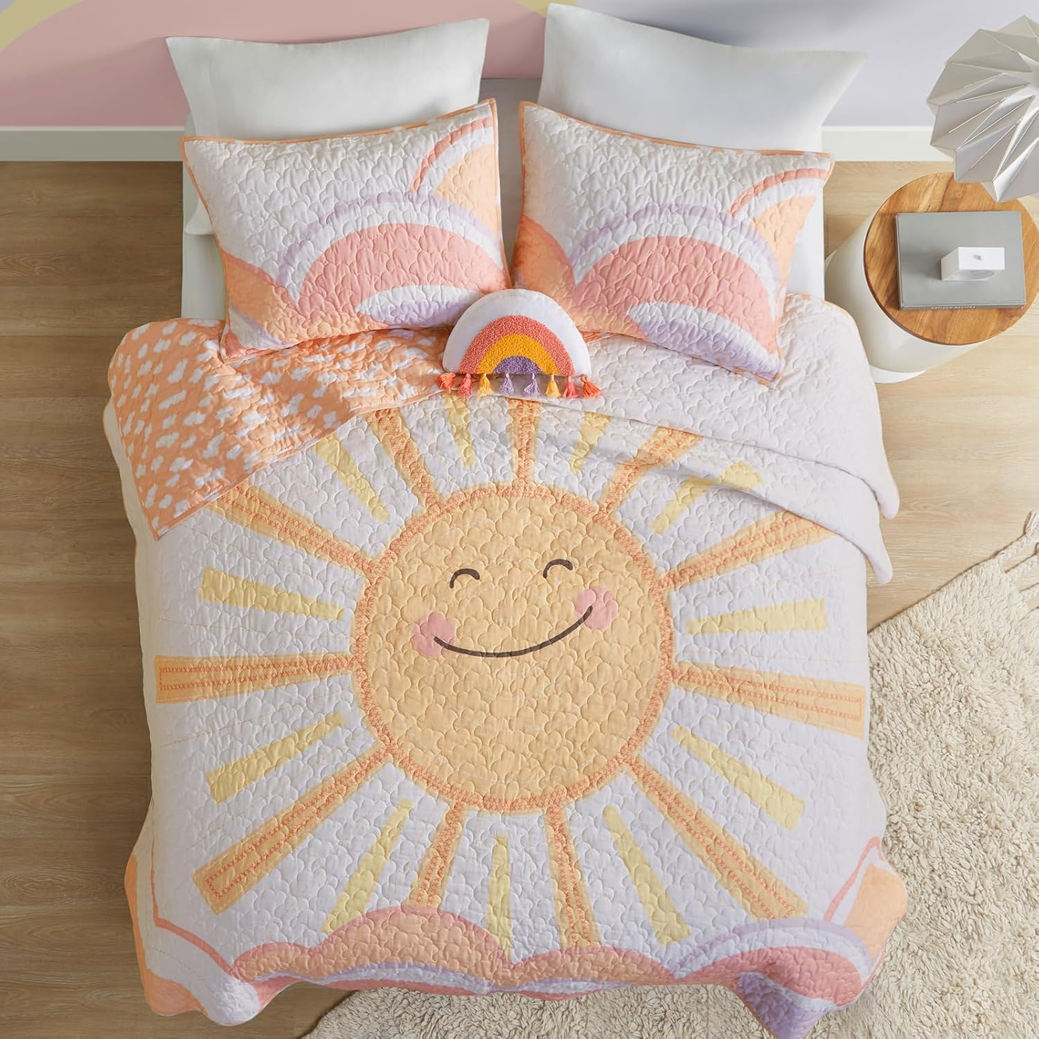 Urban Habitat Kids Twin Quilt Bedding Set Twin Coverlet Cotton Coverlet Sun Girls Twin Bedding Set Rainbow & Clouds Reversible Dawn Light & Breathable Sham Throw Pillow Twin Yellow/Coral 3 Piece