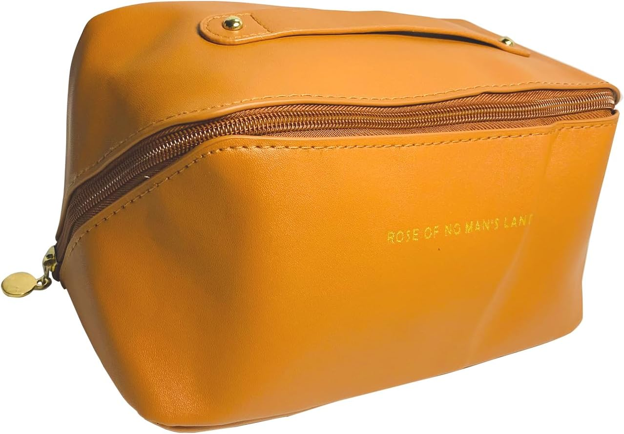 Travel Makeup Bag for Women, ZACHMEST Large Capacity Pouch Open Flat Cosmetic Bag with Compartments, Water-Resistant PU Leather Portable Toiletry Bag with Divider and Handle image number 4