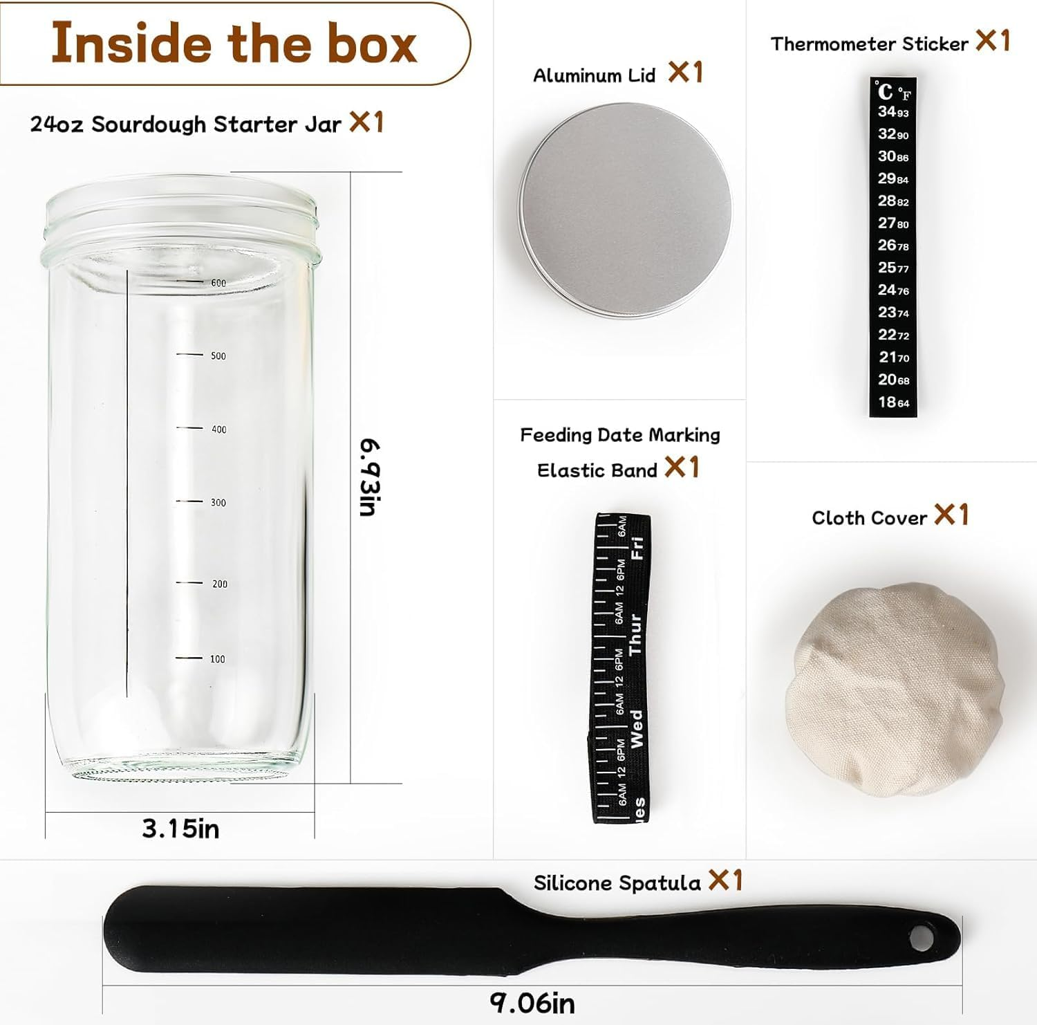 ZDZX 24Oz Sourdough Starter Kit with Date Marked Band - Includes Glass Jar, Thermometer, Silicone Scraper, Cloth Cover & Metal Lid - Baking Supplies for Homemade Sourdough, Family & Beginners