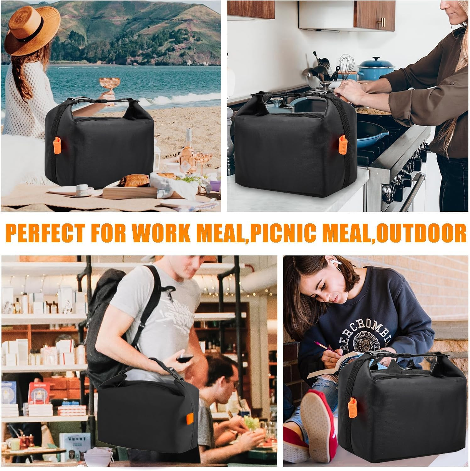 2 Pack Lunch Bag for Women & Men Adult Insulated Lunch Box, Small Leakproof Lunch Tote Bags for Work Picnic Travel (Black) image number 3