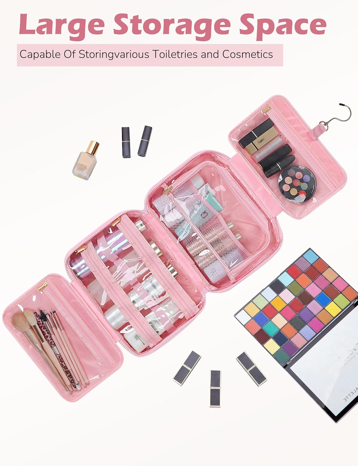 Travel Toiletry Bag for Women, Wide-Open Makeup Pouch,Hanging Toiletry Bag with Hook,Travel Storage Organizer for Skin Care Cosmetics Toiletries Full Sized Container (White) - White image number 3