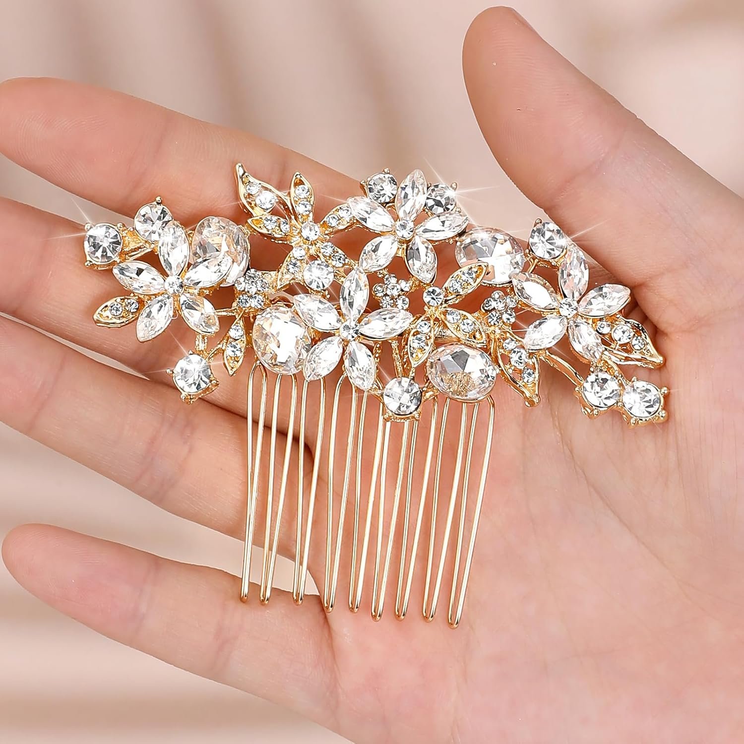 Psyqtsuary Bridal Hair Comb, Bling Rhinestone Wedding Hair Comb Glitter Crystal Flower Hair Pieces Decorative Hair Side Comb Bridal Hair Accessories for Women Girls Bridesmaids (Gold) image number 6