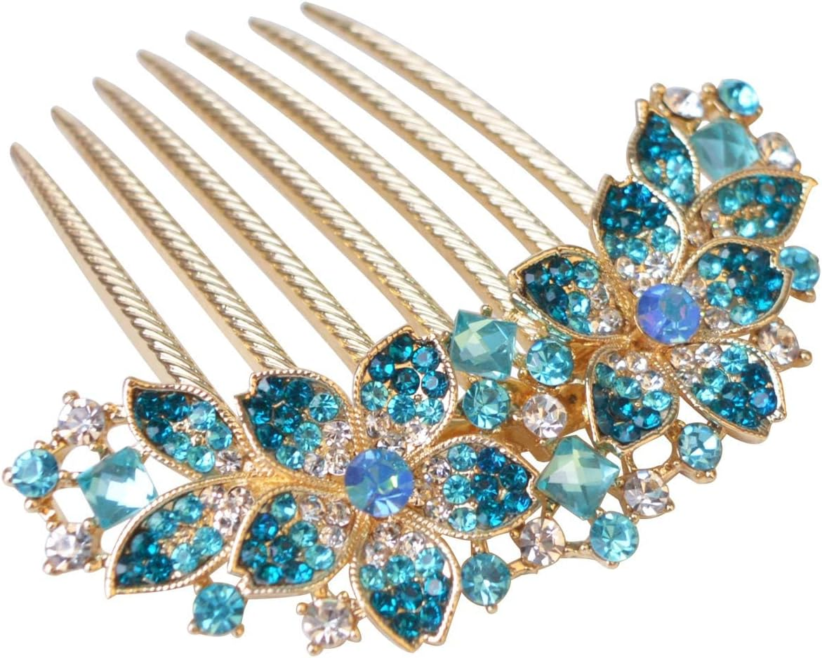Women'S Hair Comb with Inlaid Flowers and Rhinestones, Bridal Hair Accessories Hair Side Comb for Girls Gift (Blue) image number 3