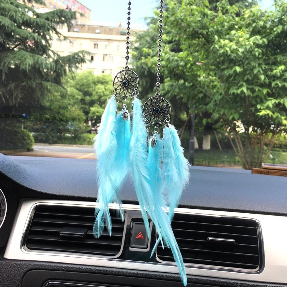Mini Dream Catcher Car Interior Rearview Mirror Hanging Decor, Feather Dream Catcher Crystal Charm Bling Deco Accessories, Bling Car Deco Accessories for Women (Royal Blue) image number 2