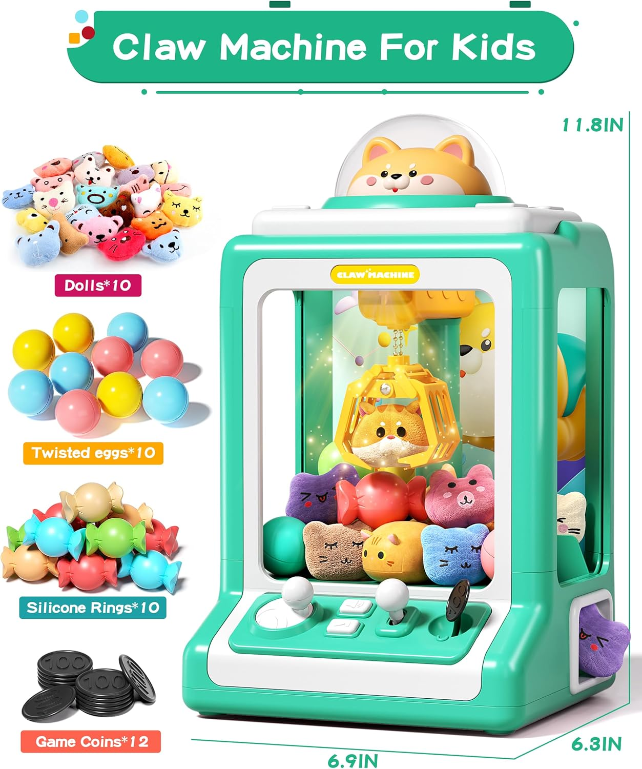 Claw Machine for Kids, Mini Vending Machine with Game Coins & Music, Prize Dispenser Toys for Girls and Boys, Electronic Claw Game Machine for Party Birthdays, Includes 30 Mini Toys (Doggy Green) image number 6