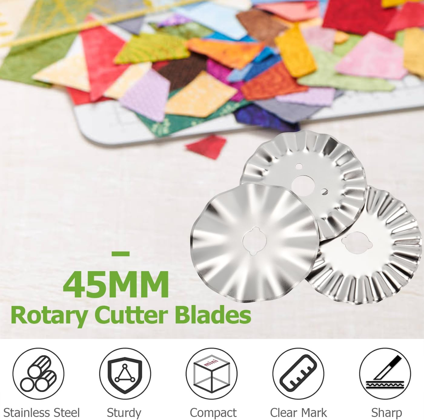 Bestgle 45Mm Pinking Rotary Cutter Blades, Wave Rotary Replacement Blades Stainless Steel Circular Decorative Edge Rotary Cutters Pink Knife Refill Blade for Quilting Sewing Cutting Paper Fabric, 9Pcs image number 5