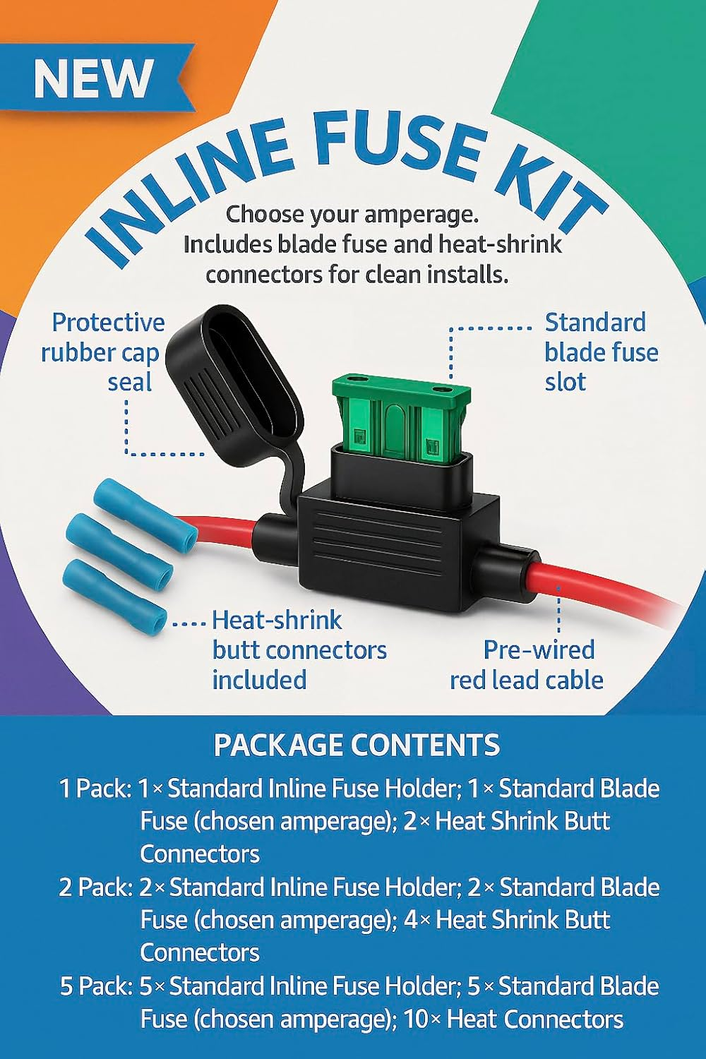 2 Pack Inline Fuse Holder 12V Standard ATC/ATO Blade 12 AWG Leads Waterproof Cap 30 Cm Loop with 25A Fuses and 4 Heat Shrink Butt Connectors (2, 25AMP)