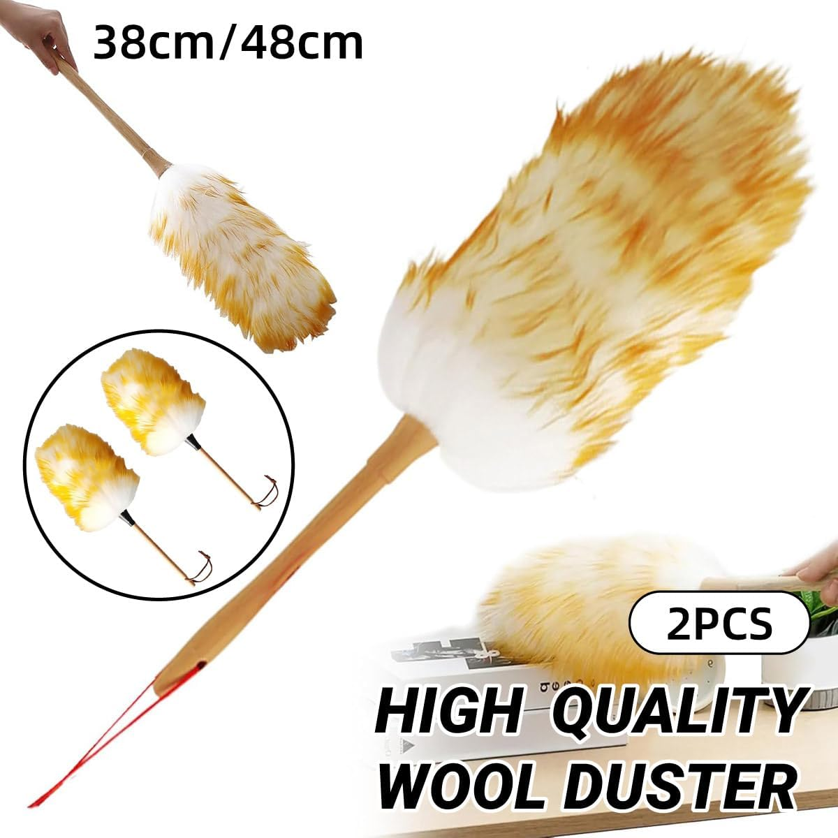 AIMALL 2PCS Natural Lambswool Duster for Cleaning, 15In/18.9In Fluffy Wool Duster with Bamboo Handle, Soft Non-Scratch Surface, Flexible Head for Home Car Dusting image number 2