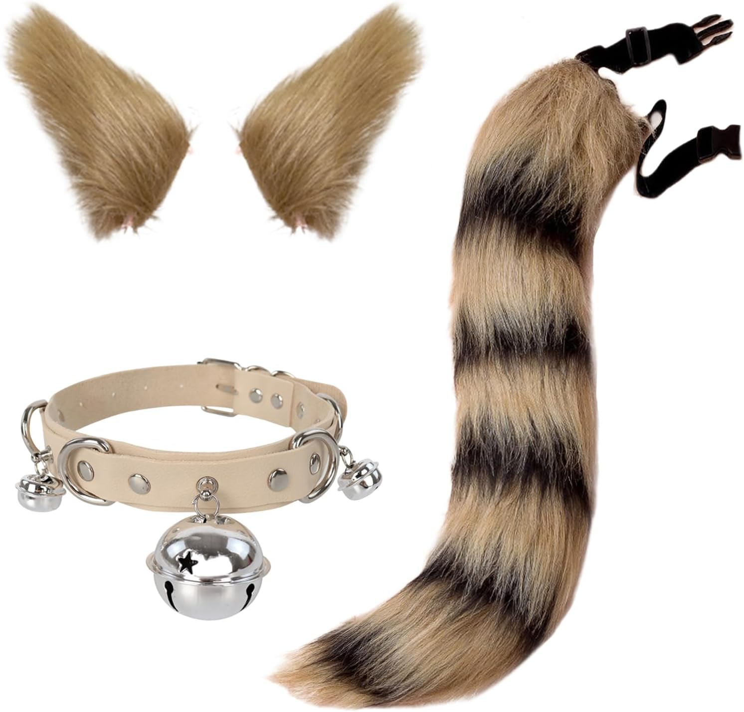 Handmade Cat Ears and Wolf Fox Animal Tail Cosplay Costume Faux Fur Hair Clip Headdress Halloween Leather Neck Chocker Set - Black White image number 5