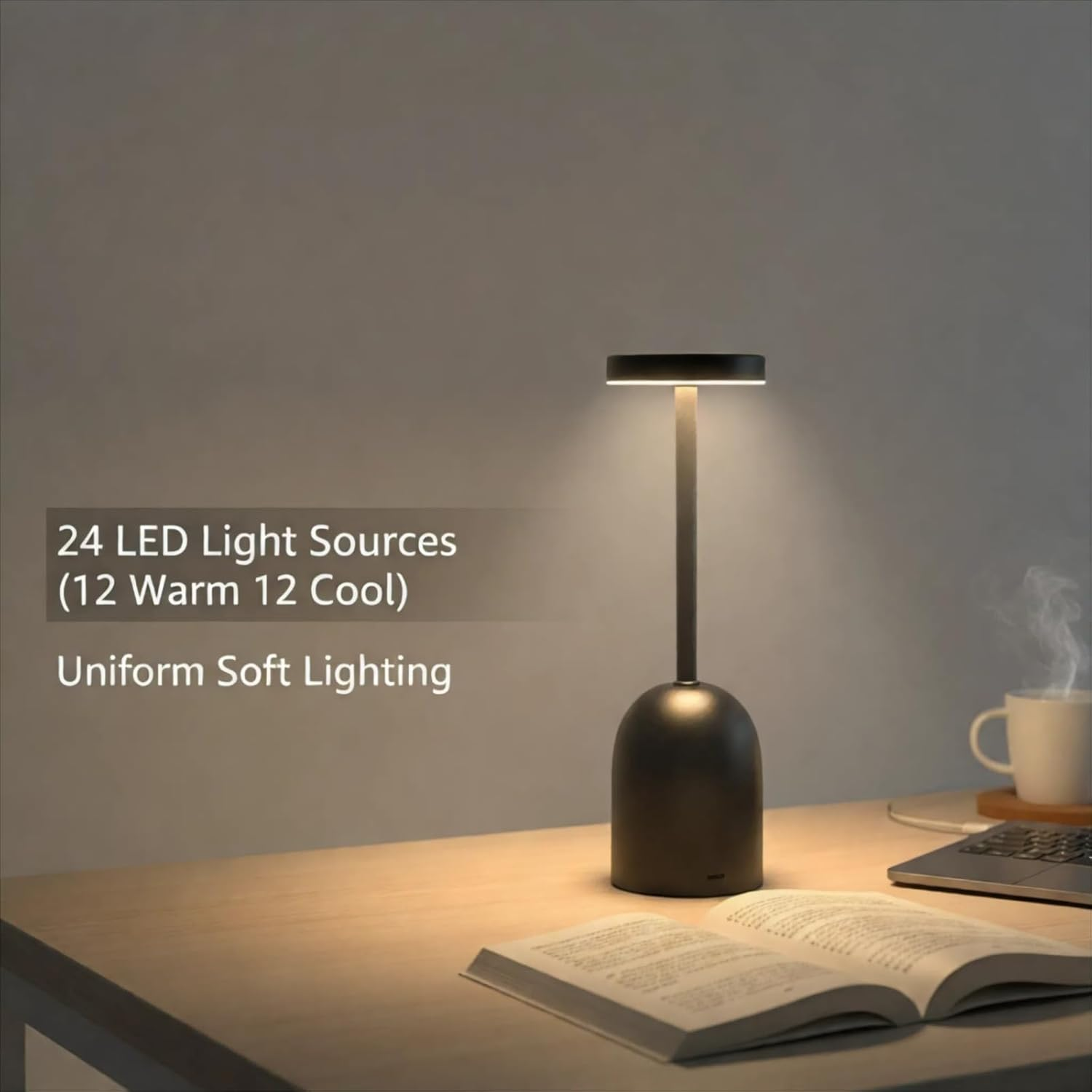 Howeifull LED Table Lamp Wireless, USB-C Rechargeable 5200 Mah Small Table Lamp Battery, Dimmable Touch LED Metal Table Lamp with 3 Colour Temperatures, Portable for Modern Living Room, Children'S image number 5