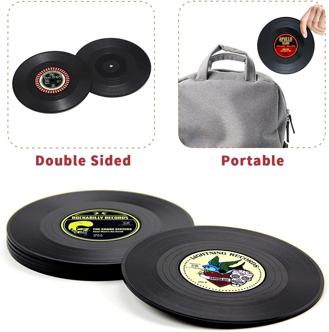 Miss Rui Retro CD Vinyl Record Coasters Set of 6, Personalised Heat Insulation Non-Slip Tabletop Protection Cup Mat for Coffee Tea Beer Mug Drink Tableware Home and Bar - Record Coasters With Holder image number 4