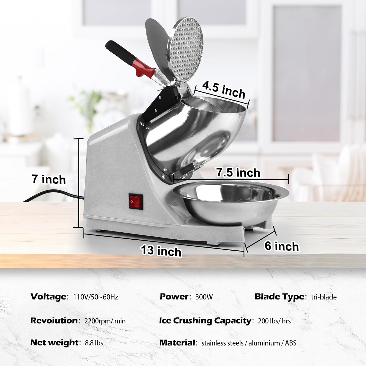 Electric Ice Shaver Machine,With Ice Pick and Scoop,3 Blades of Electric Snow Cone Machine(300W 2200R/Min),Splash Proof Shaved Ice Machine,Ice Crusher Machine for Home Commercial Use (Silver) - Orange image number 3